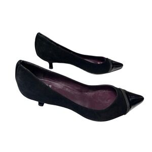 Stuart Weitzman Black Suede Patent Cap Toe Zipper Kitten Heels Pumps 7M Spain